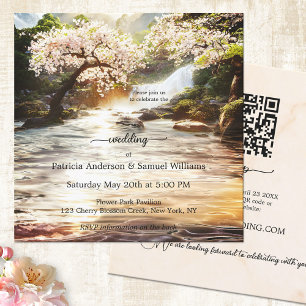 Cherry Blossom Waterfall Wedding Invitation Kaart