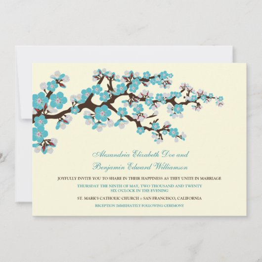 Cherry Blossom Wedding Invitation (aqua) Kaart (Voorkant)