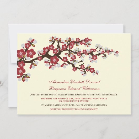 Cherry Blossom Wedding Invitation (cranberry) Kaart (Voorkant)