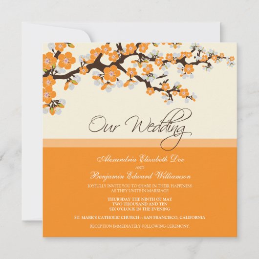 Cherry Blossom Wedding Invitation (oranje) Kaart (Voorkant)