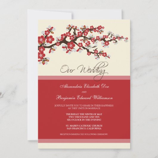 Cherry Blossom Wedding Invitation (rood) Kaart (Voorkant)