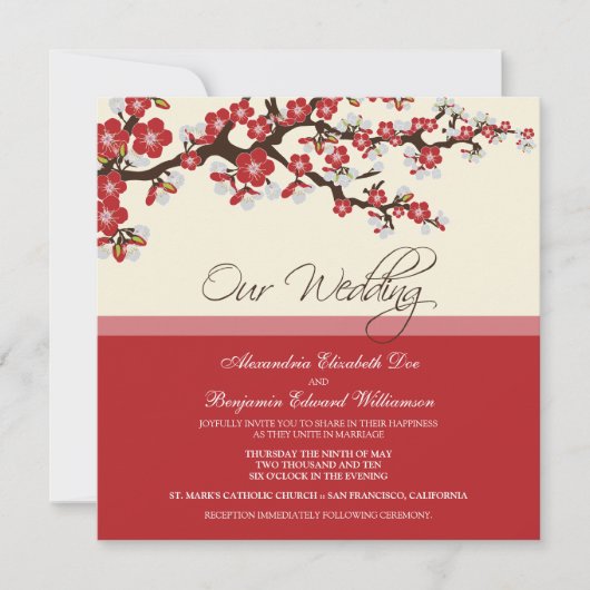 Cherry Blossom Wedding Invitation (rood) Kaart (Voorkant)