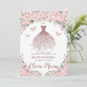 Cherry Blossoms Bloemen Roos Gouden Jurk Quinceañe Kaart (Staand voorkant)