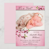Cherry Blossoms Faire-part de naissance photo rose (Devant / Derrière)