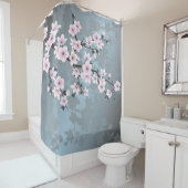 Cherry Blossoms Floral Dusty Pink Blue Douchegordijn (In situ)