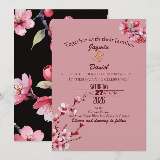 Cherry Blossoms Pastel Pink Invitation Kaart (Voorkant / Achterkant)