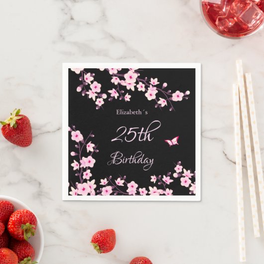 Cherry Blossoms Pink Black Custom Birthday Servet (Insitu)