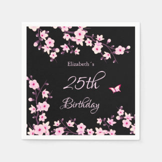 Cherry Blossoms Pink Black Custom Birthday Servet