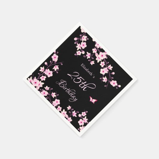 Cherry Blossoms Pink Black Custom Birthday Servet (Hoek)