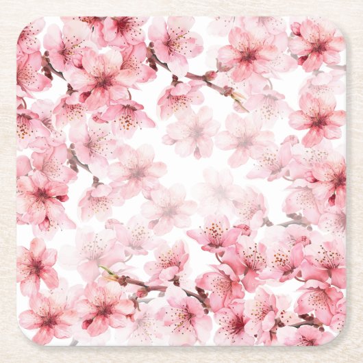 Cherry Blossoms Pink White Custom Vierkante Kartonnen Onderzetter (Voorkant)