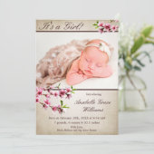 Cherry Blossoms Tan foto geboorte aankondiging (Staand voorkant)