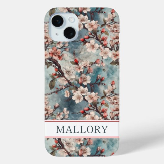 Cherry Blossoms Teal Sakura Print Monogrammed Case-Mate iPhone Case (Achterkant)