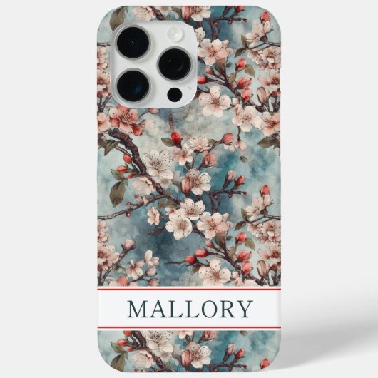 Cherry Blossoms Teal Sakura Print Monogrammed Case-Mate iPhone Case (Achterkant)