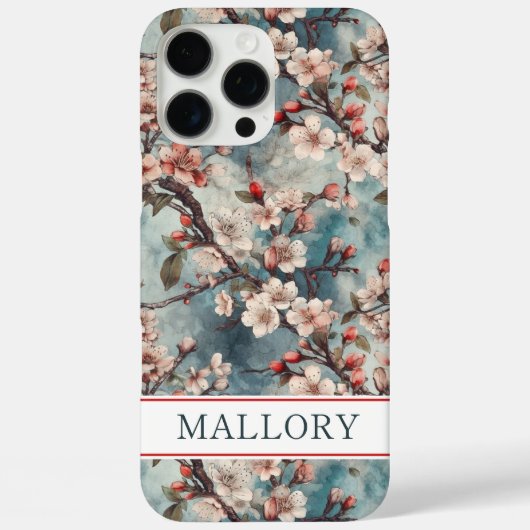 Cherry Blossoms Teal Sakura Print Monogrammed Case-Mate iPhone Case (Achterkant)