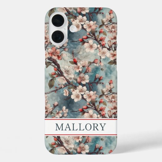 Cherry Blossoms Teal Sakura Print Monogrammed Case-Mate iPhone Case (Achterkant)
