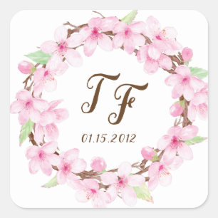 Cherry Blossoms Waterverf Trouwstickers Vierkante Sticker