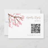 Cherry Blossoms Wedding RSVP QR Code Floral Script Kaartje (Voorkant)