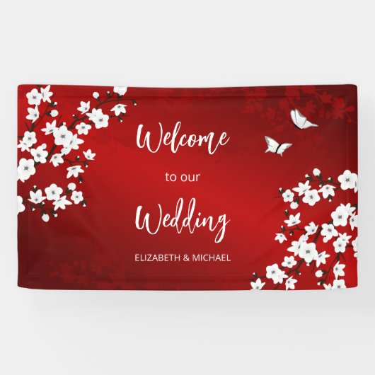 Cherry Blossoms White Red Wedding Welcome Spandoek (Horizontaal)