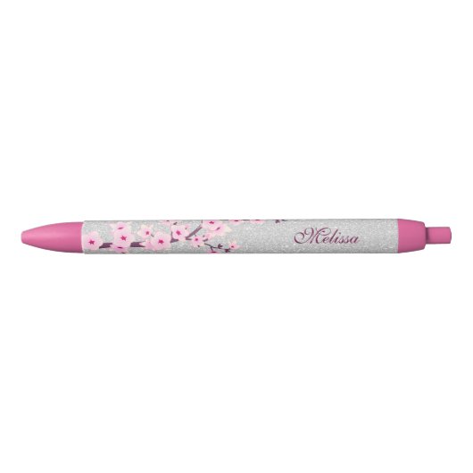 Cherry Blosssom Silver Glitter Monogram Blauwe Inkt Pen (Voorkant)