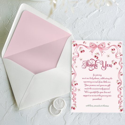 Cherry Bow Girl Baby shower Bedankkaart