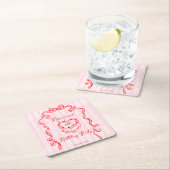 Cherry cake roze coquette boog verjaardagsfeestje vierkante kartonnen onderzetter (Insitu)
