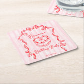 Cherry cake roze coquette boog verjaardagsfeestje vierkante kartonnen onderzetter (Schuin)