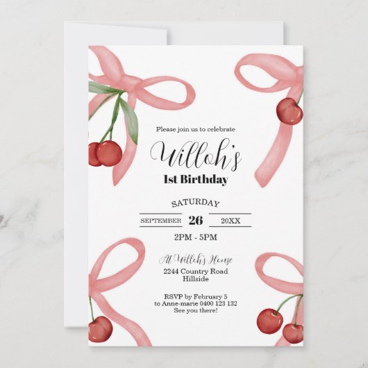 Cherry Coquette Bows Anniversaire Invitation (Devant)