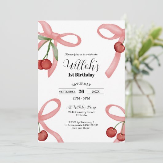 Cherry Coquette Bows Anniversaire Invitation (Debout devant)