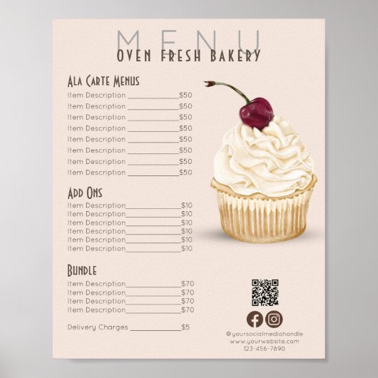 Cherry Cupcake Blush Menu Bakkerij Prijslijst Poster (Voorkant)