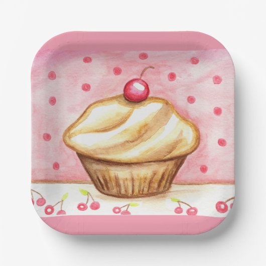 Cherry Cupcake Paper Plates  Papieren Bordje (Voorkant)