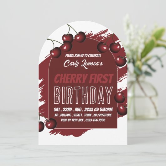 Cherry Design, Cherry First Birthday Invitation (Debout devant)