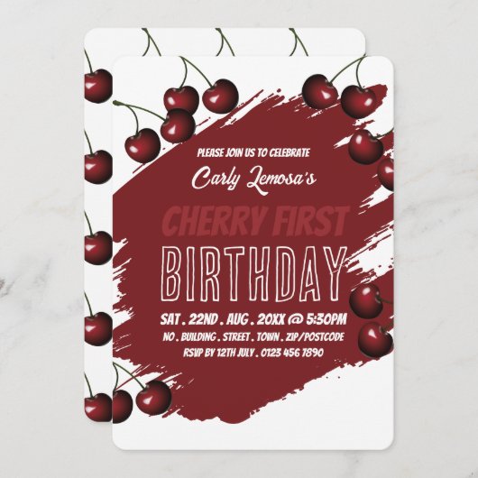 Cherry Design, Cherry First Birthday Invitation Kaart (Voorkant / Achterkant)