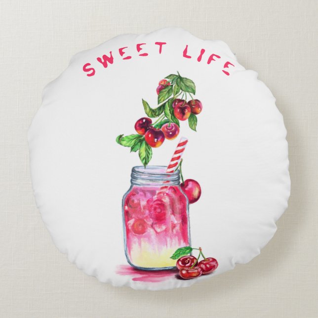 Cherry Drink Ronde Kussen - Aangepaste tekst (Achterkant)
