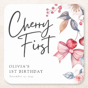 Cherry Eerste Roze Bow Coquette 1e Verjaardag Vierkante Kartonnen Onderzetter
