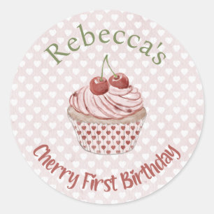 Cherry Eerste Verjaardag Coquette Waterverf Cupcak Ronde Sticker