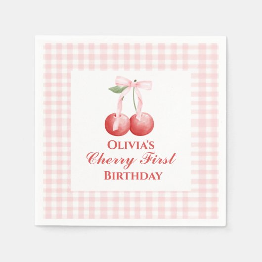 Cherry eerste verjaardag Pink Bow Gingham Servet (Voorkant)