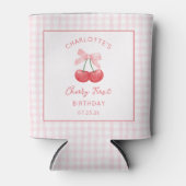 Cherry eerste verjaardag roze gingham meisjes een  blikjeskoeler (Voorkant)
