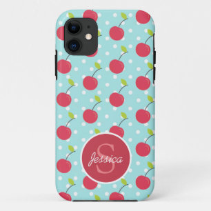Cherry en Blue Polka Dot Pattern gepersonaliseerd iPhone 11 Hoesje
