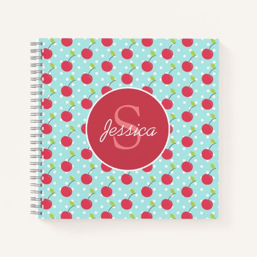 Cherry en Blue Polka Dot Pattern gepersonaliseerd Notitieboek (Voorkant)