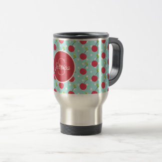 Cherry en Blue Polka Dot Pattern gepersonaliseerd Reisbeker