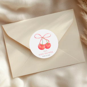 Cherry en Roze Lint Waterverf Meisje Baby shower Ronde Sticker