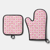 Cherry en Tiny Blossom Roze Gingham Patroon Ovenwant & Pannenlap Set (Voorkant)