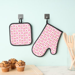 Cherry en Tiny Blossom Roze Gingham Patroon Ovenwant & Pannenlap Set