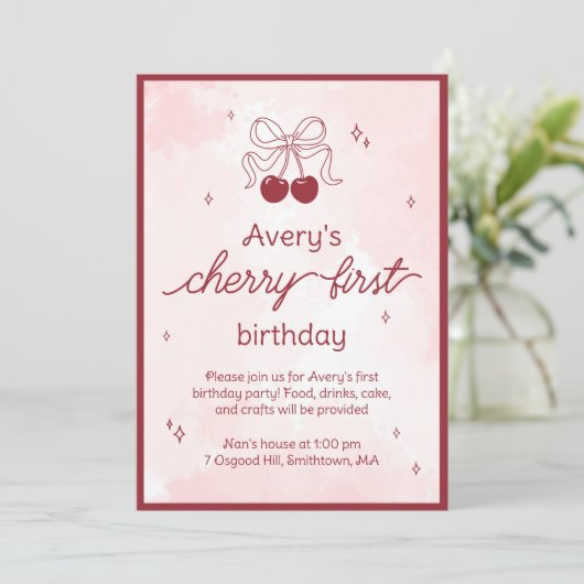 Cherry First Birthday Party Invitation (Debout devant)