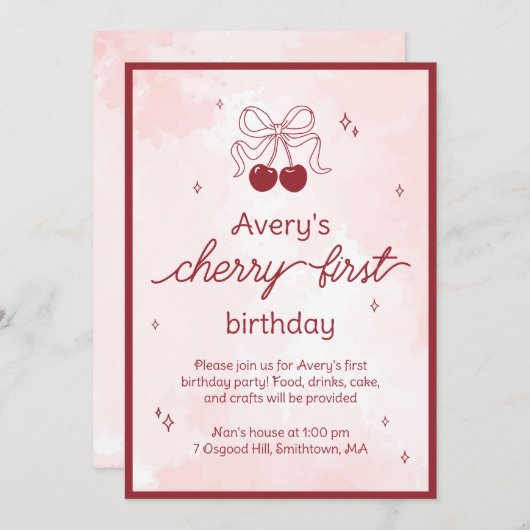 Cherry First Birthday Party Invitation (Devant / Derrière)