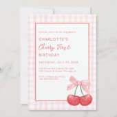 Cherry First Birthday Pink Gingham Girls One Year Kaart (Voorkant)