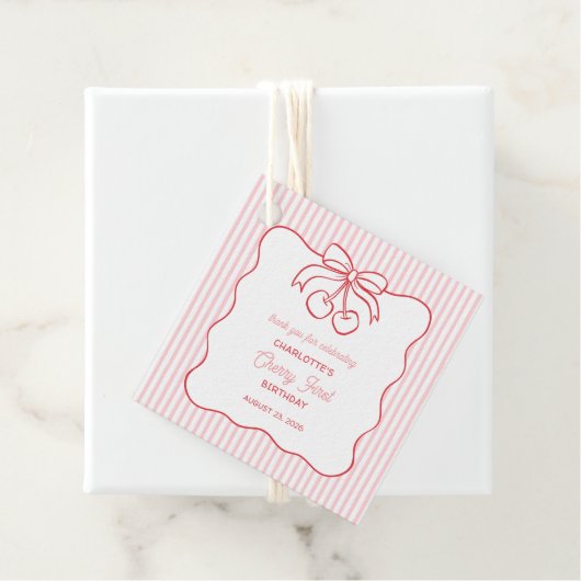 "Cherry First" Verjaardag Roze Streep Bow Dank u Bedankjes Labels (In situ)