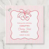 "Cherry First" Verjaardag Roze Streep Bow Dank u Bedankjes Labels (Voorkant)