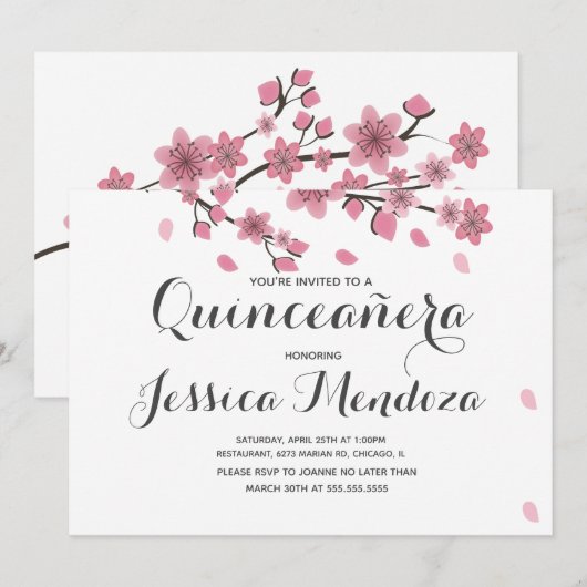 Cherry Floral Tree Quinceañera Sweet 15 Invitation (Devant / Derrière)