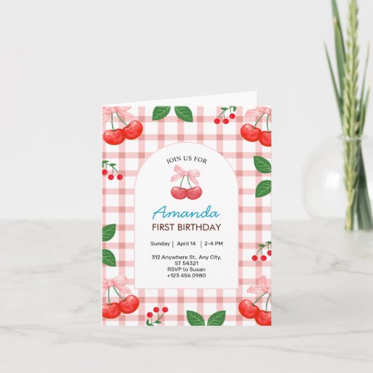 Cherry Fruit Eerste Verjaardag Partij Gevouwen Kaa (Voorkant)